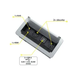Presa a scomparsa integrata, ribaltabile, 2 x 230 V + 2 x ricariche USB + HDMI + RJ45 / Acciaio inox