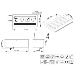 Presa a scomparsa integrata 2 x 230 V + 2 x ricarica USB + HDMI + RJ45 / Nero spazzolato