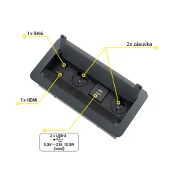 Presa a scomparsa integrata 2 x 230 V + 2 x ricarica USB + HDMI + RJ45 / Nero spazzolato
