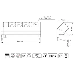Presa da tavolo da incasso DESK 3x230V + 2xUSB per la ricarica / Acciaio inox