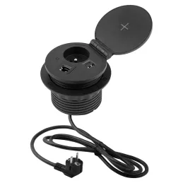 Presa da incasso per interni con ricarica wireless da tavolo, 1x230V + ricarica USB A/C + HDMI + RJ45 / Nero