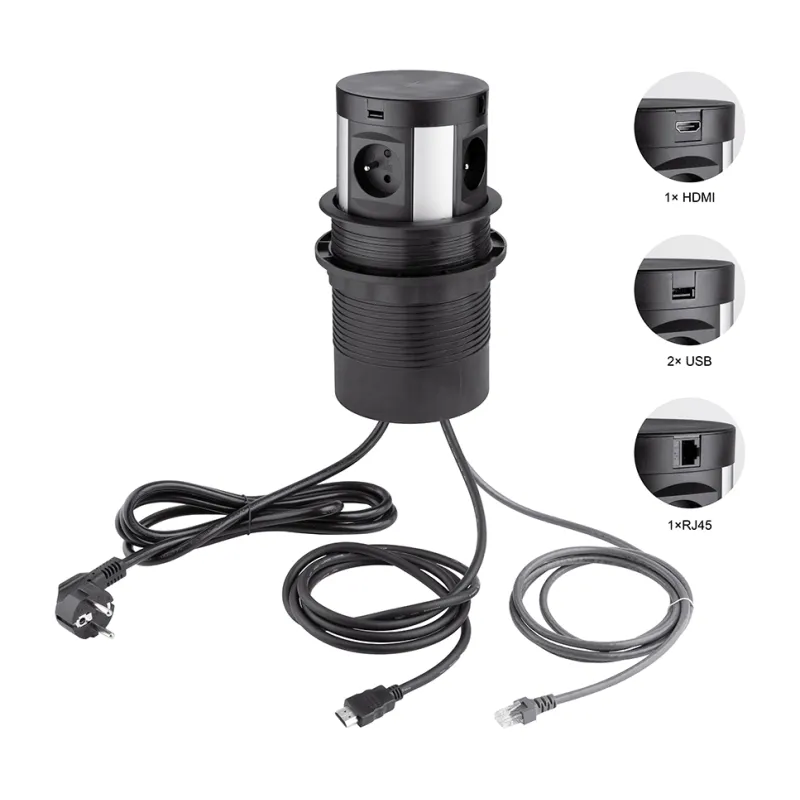 Presa estraibile con ricarica wireless 4x230V + ricarica 2xUSB A/C + HDMI + RJ45 / Nera