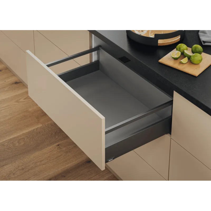Cassetto da cucina BLUM - Merivobox "E" con ringhiera, 40 kg / grigio Orion