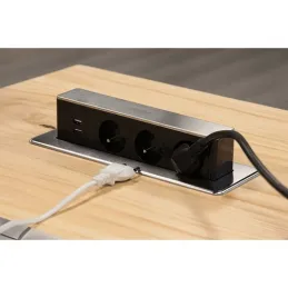 Presa elettrica estraibile OTIO DESK 3x230V + ricarica 2xUSB / Effetto acciaio inox