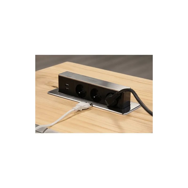 Presa elettrica estraibile OTIO DESK 3x230V + ricarica 2xUSB / Effetto acciaio inox