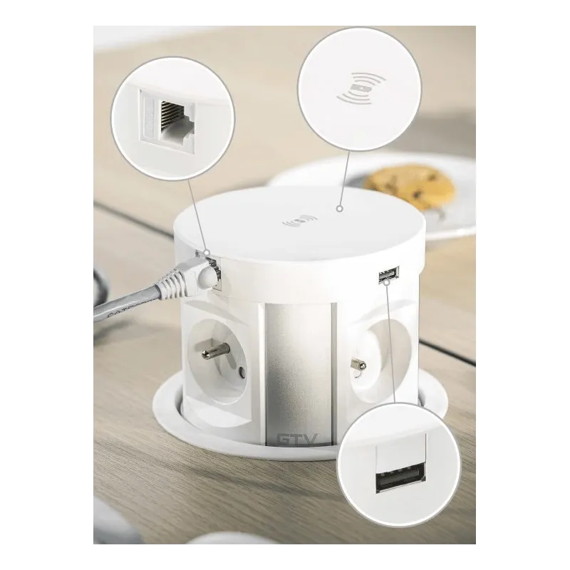 Presa estraibile con ricarica wireless 4x230V + ricarica 2xUSB A/C + RJ45 / Bianca