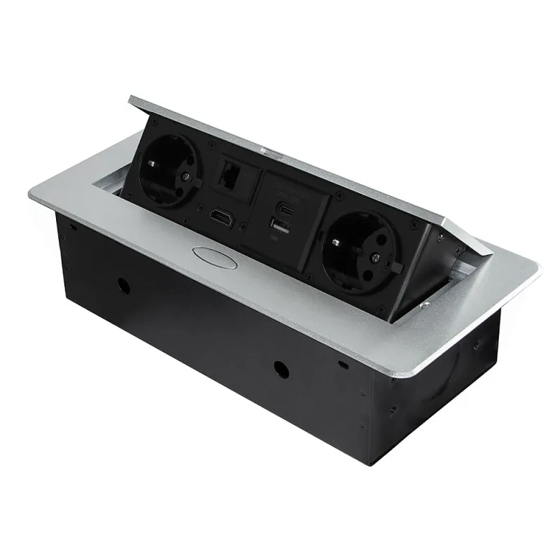 Presa a scomparsa ATOMIA 2x230 V + ricarica USB 2x A/C + HDMI + RJ45 / Alluminio