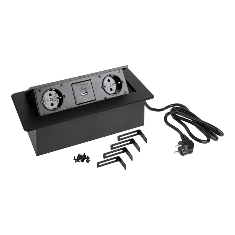 Presa elettrica a scomparsa SCHUKO 3x230V + ricarica USB A/C / Nero opaco