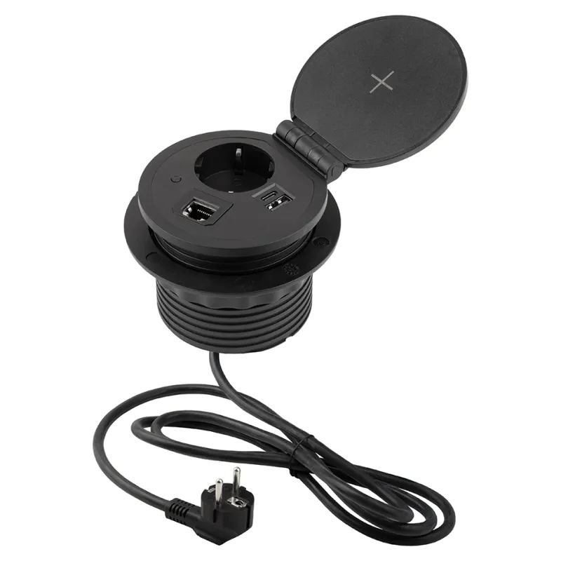 Presa da incasso SCHUKO con ricarica wireless da tavolo 1x230V + ricarica USB A/C + HDMI + RJ45 / Nera