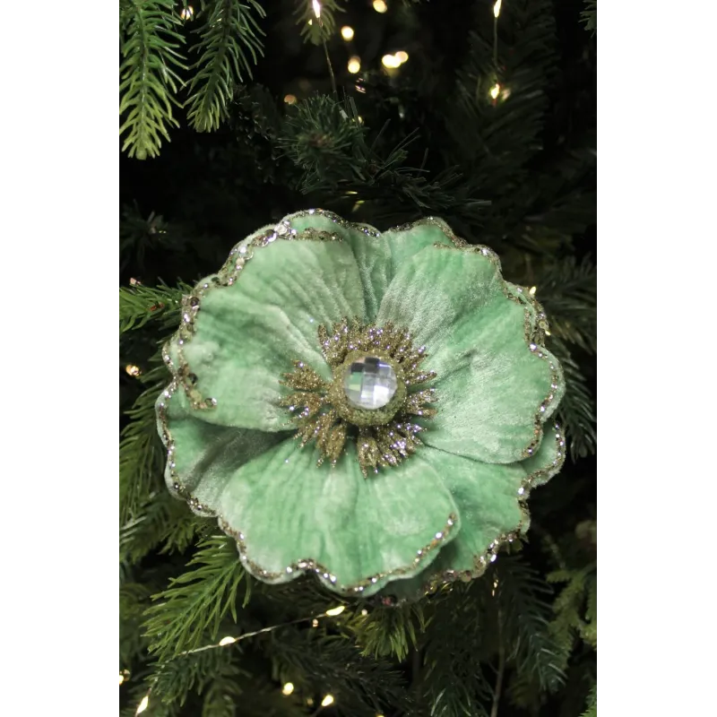 Fiore decorativo su molletta MAGNOLIA 140 mm / Velluto verde