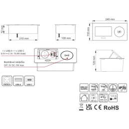Presa elettrica a scomparsa 1x230V + ricarica USB A-C / Nero opaco