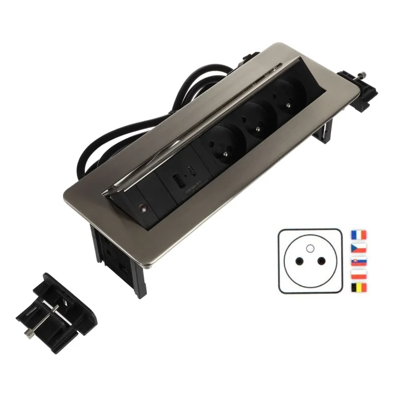 Presa elettrica a scomparsa LUNAR FRENCH 3x230V + ricarica USB A-C / Acciaio inox