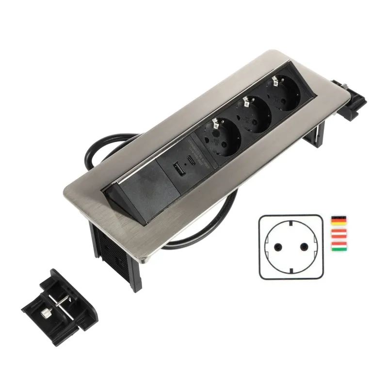 Presa elettrica a scomparsa LUNAR SCHUKO 3x230V + ricarica USB A-C / Acciaio inox