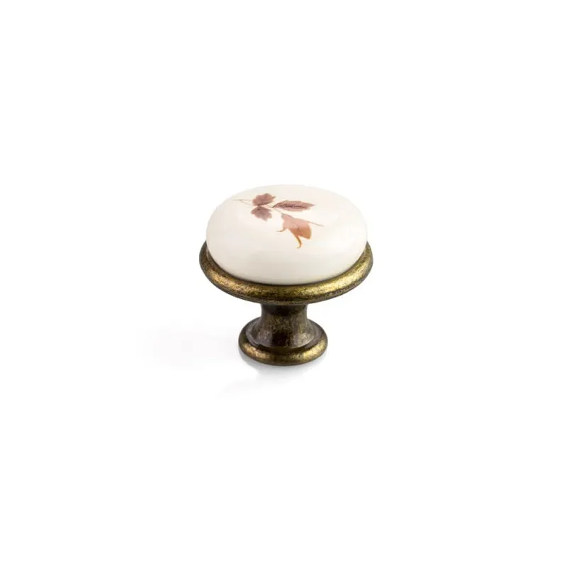 Pomolo a bottone LUNAS / Ottone anticato – motivo fiore marrone