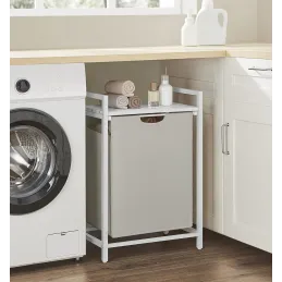 Cesto portabiancheria METALO UNO / Bianco + legno bianco