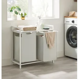Cesto portabiancheria METALO DUO / Bianco + legno bianco