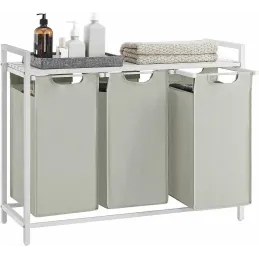 Cesto per la biancheria METALO TRIO / Bianco + legno bianco