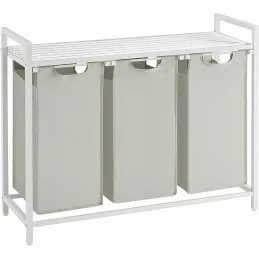 Cesto per la biancheria METALO TRIO / Bianco + legno bianco