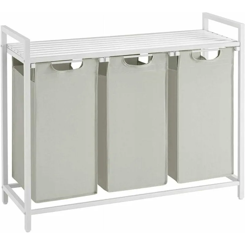 Cesto per la biancheria METALO TRIO / Bianco + legno bianco