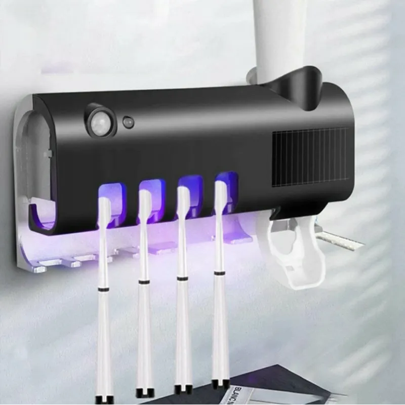 Portaspazzolini esclusivo con sterilizzazione UV e dispenser / Nero opaco