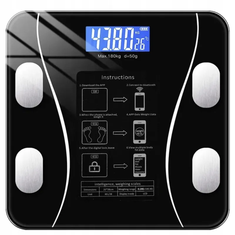 Bilancia pesapersone con connessione Bluetooth, portata 180 kg, INTEL / Nera