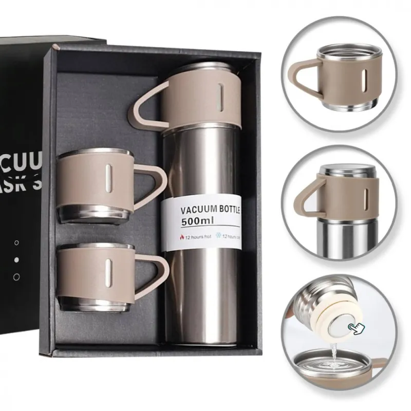Thermos dal design elegante con 3 bicchieri, 500 ml / Crema