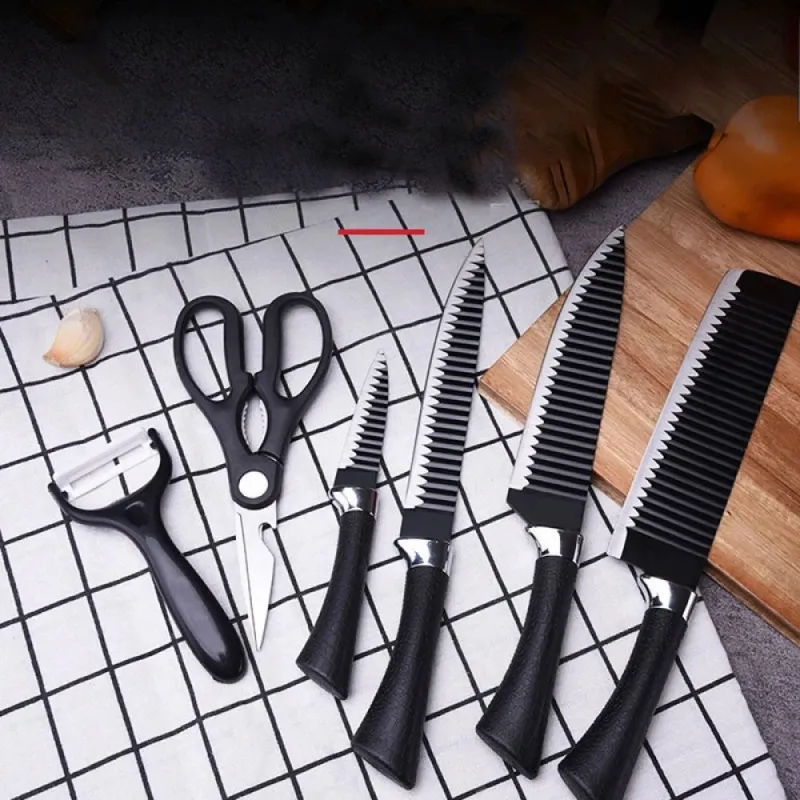Set di 6 coltelli da cucina con forbici e pelapatate LEATHER / Nero
