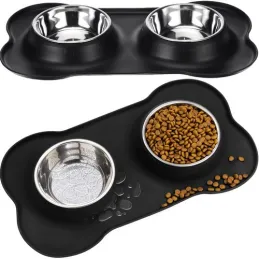 Doppia ciotola per animali con tappetino in silicone STAR 450 ml / Nero