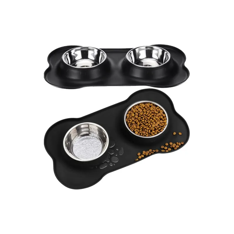 Doppia ciotola per animali con tappetino in silicone STAR 450 ml / Nero