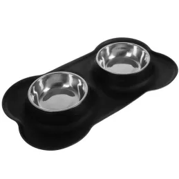 Doppia ciotola per animali con tappetino in silicone STAR 450 ml / Nero