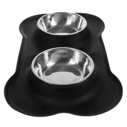 Doppia ciotola per animali con tappetino in silicone STAR 450 ml / Nero