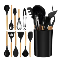 Set di 11 utensili da cucina / Nero - legno naturale