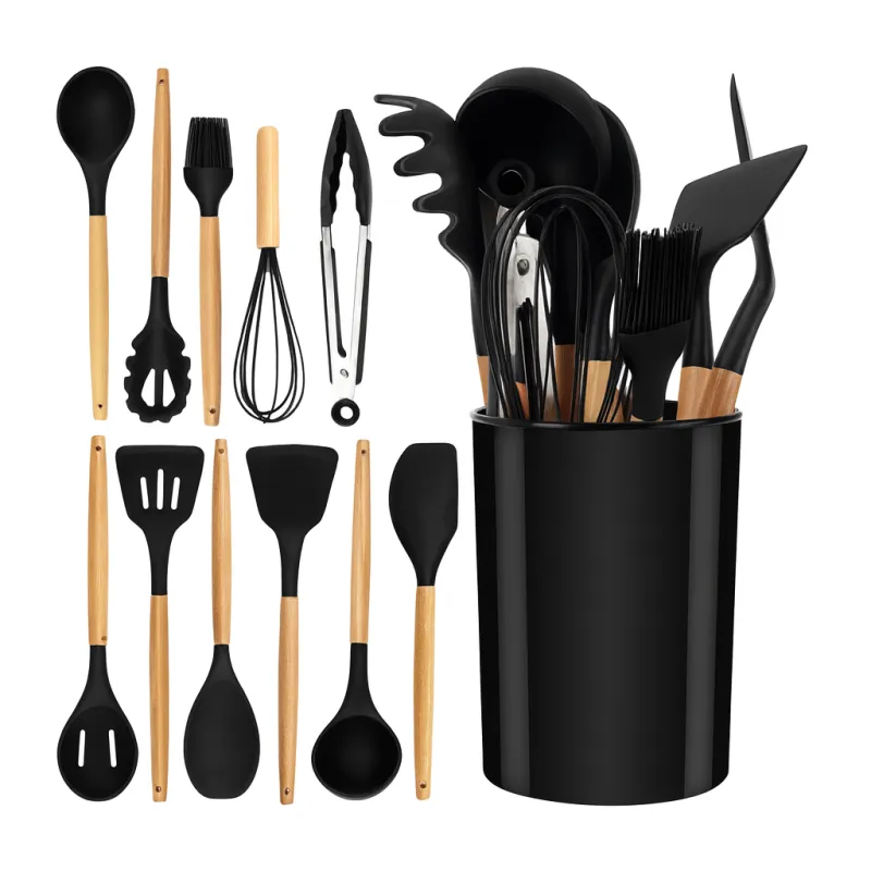 Set di 11 utensili da cucina / Nero - legno naturale