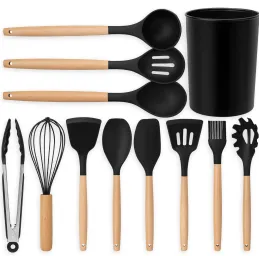 Set di 11 utensili da cucina / Nero - legno naturale