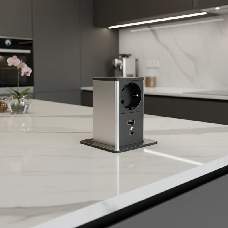 Presa estraibile SQUARE UP SCHUKO 1x230V + USB A-C / Acciaio inox