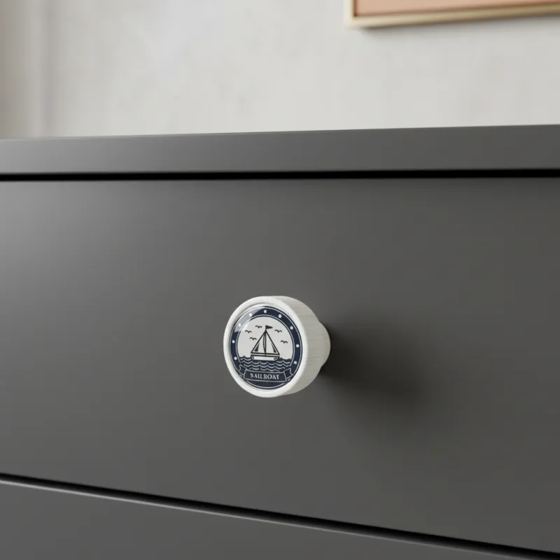 Pomello in legno ARSIA / Bianco – motivo barchetta