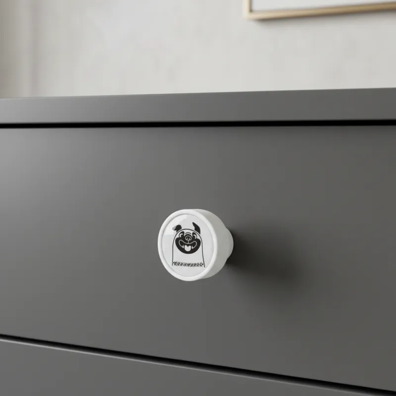 Pomello in legno ARSIA / Bianco – motivo bulldog