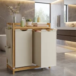 Cesto portabiancheria SPA HARMONY DUO / Bianco + legno naturale