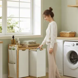 Cesto portabiancheria SPA HARMONY DUO / Bianco + legno naturale