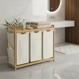 Cesto per la biancheria SPA HARMONY TRIO / Bianco + legno naturale