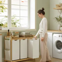 Cesto per la biancheria SPA HARMONY TRIO / Bianco + legno naturale