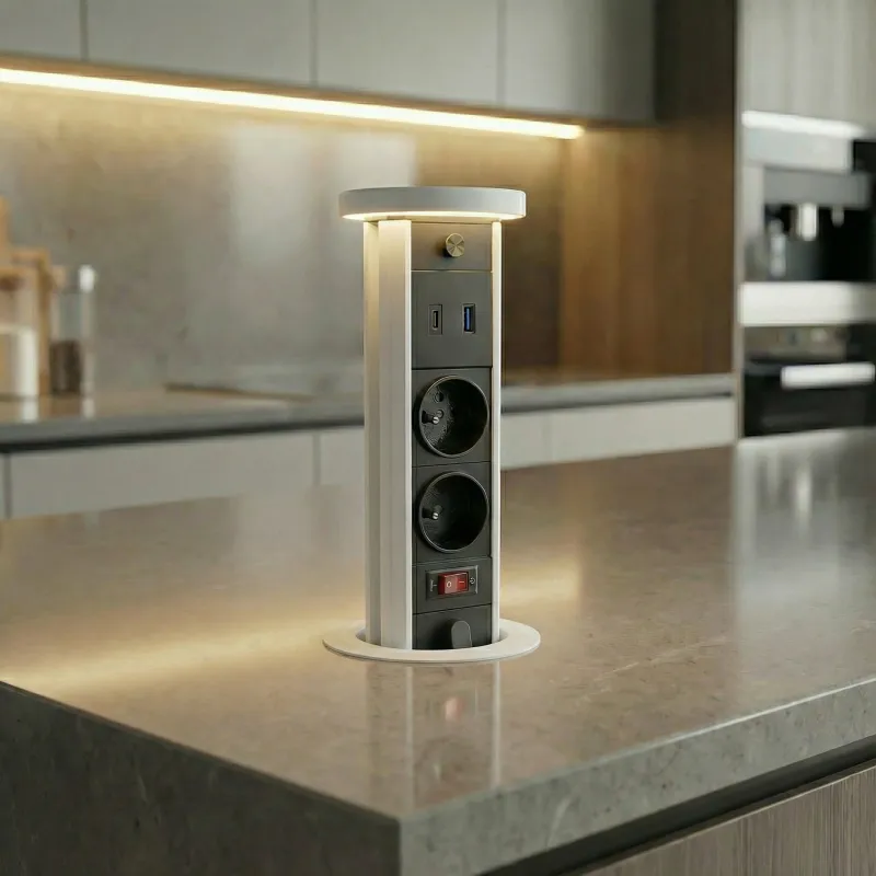 Presa estraibile LEGIA FRENCH 2x230V + USB A-C + luce / Bianco opaco