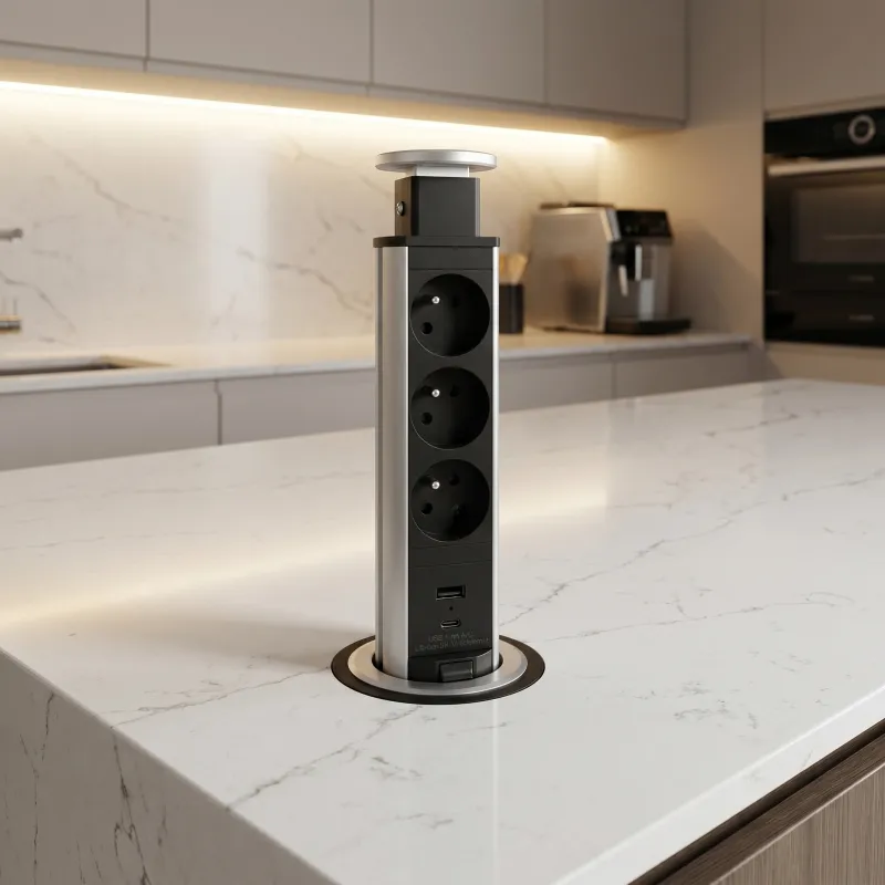 Presa elettrica estraibile ASTRA FRENCH 3x230V + ricarica USB 2x / Alluminio