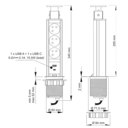 Presa elettrica estraibile ASTRA FRENCH 3x230V + ricarica USB 2x / Nera