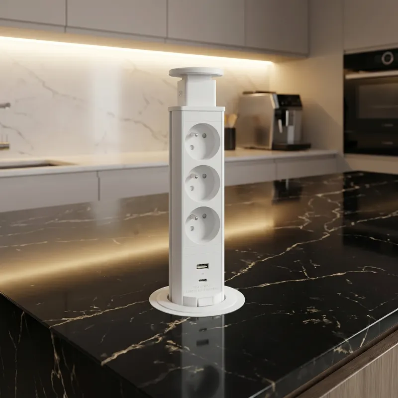 Presa elettrica estraibile ASTRA FRENCH 3x230V + 2x ricarica USB / Bianca
