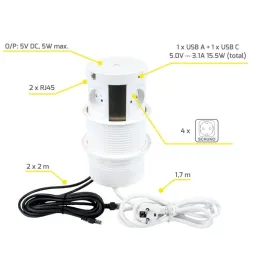 Presa elettrica a scomparsa MULTIBOX 4x 230V + 2x USB + 2x RJ45 / Bianca