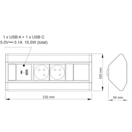 Multipresa da incasso CORNER FRENCH 2x 230V + 2x USB / Nero - acciaio inox