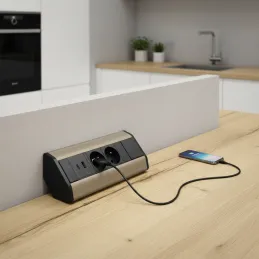 Multipresa da incasso CORNER FRENCH 2x 230V + 2x USB / Nero - acciaio inox