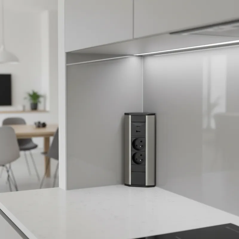 Multipresa da incasso CORNER FRENCH 2x 230V + 2x USB / Nero - acciaio inox