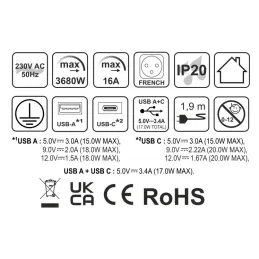 Presa elettrica SLIDE 1x230V + 1xUSB C+A FRENCH / Nero opaco